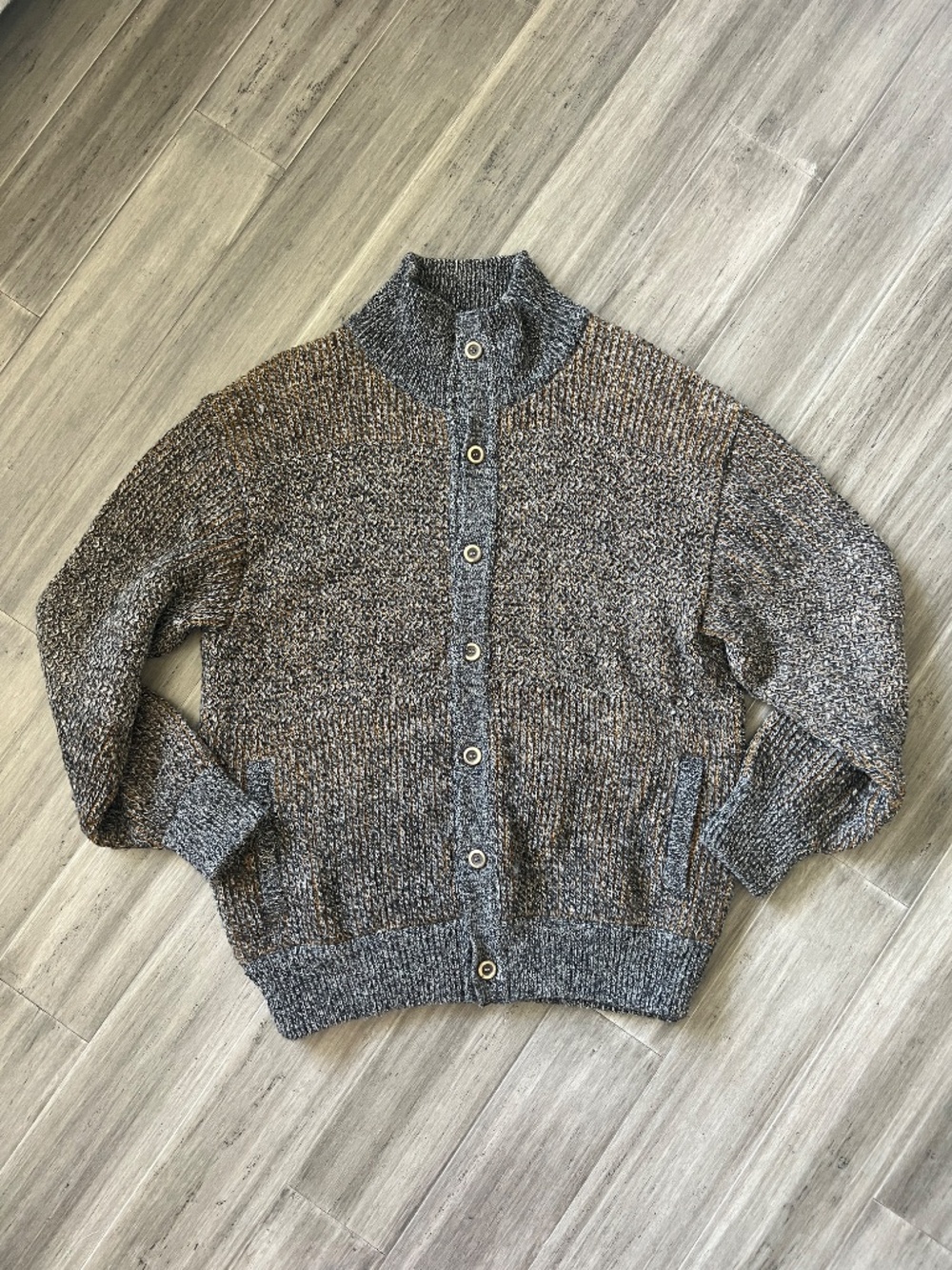 Vintage Harbour Club Gray & Brown Marled Knit Shetland Wool Cardigan Sweater XL